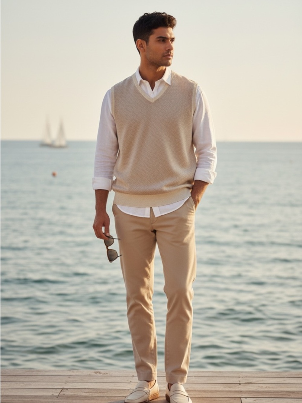 Lands' End Coastal Grandpacore Quiet Luxury Tan Neutral 100% Supima Cotton Vest